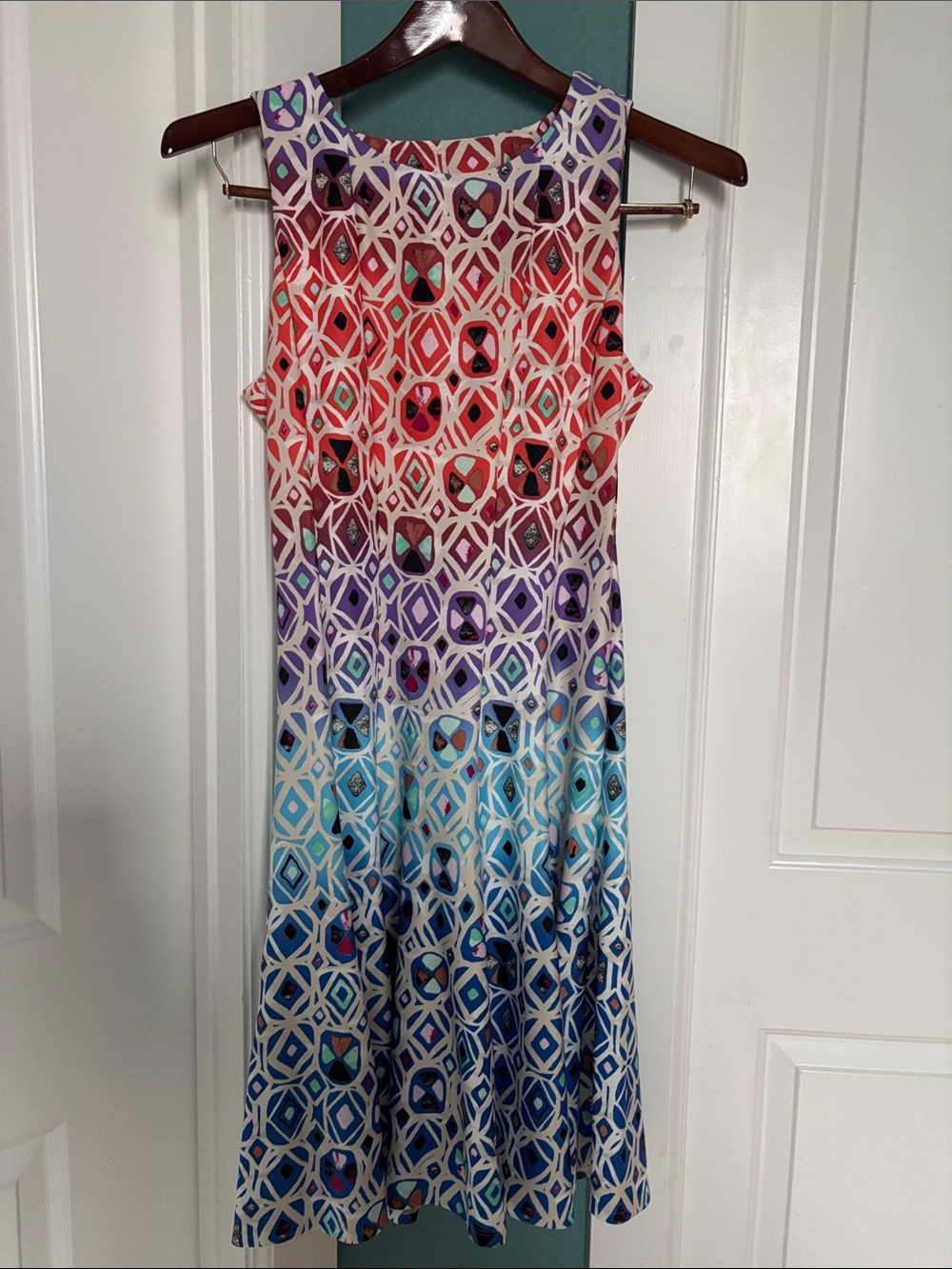Sleeveless Ombre Geometric A-Line Dress in Coral, Purple & Blue